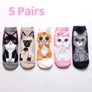 5 PAIRS WOMEN'S / GIRL'S CUTE CARTOON CAT PATTERN  LIGHTWEIGHT ANKLE SOCKS SET - Picture 1 of 8
