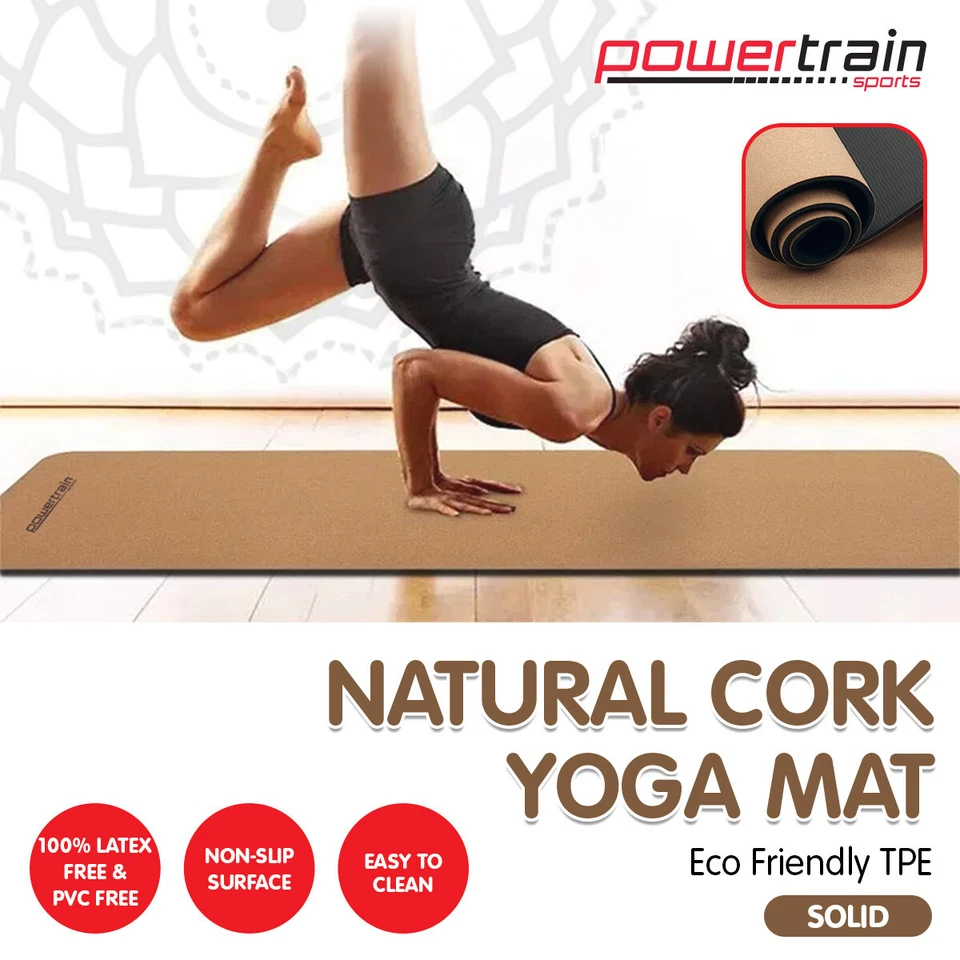 Cork Yoga Mat With Carry Straps Home Gym Pilates Plain Powertrain