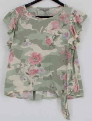 Top Absolutely Famous para mujer talla XL verde multicolor con volantes manga corta Foto 1 de 4