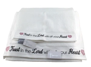 TRUST IN THE LORD Set of 2 White with Embroidered Bible Verse Cotton Bath Towels - Picture 1 of 3