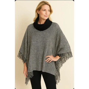 Poncho Talbots M/L Negro Blanco Pata de Gallo Flecos Capa Capucha Cuello Clásico Elegante - Imagen 1 de 6