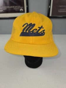 80s Cursive NEW YORK METS Reynolds Hat Cap Snap Back Yellow Mesh Trucker Hat VTG - Picture 1 of 8