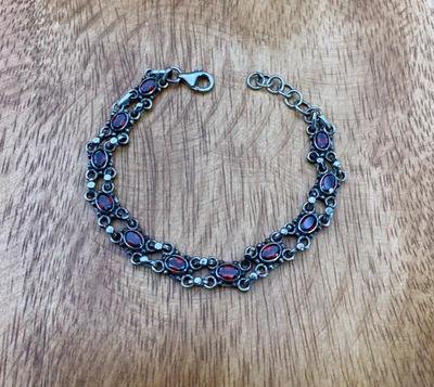 Vintage Antique Sterling Link Bracelet/Oval Garnet Gemstones GORGEOUS! - Image 1 of 4