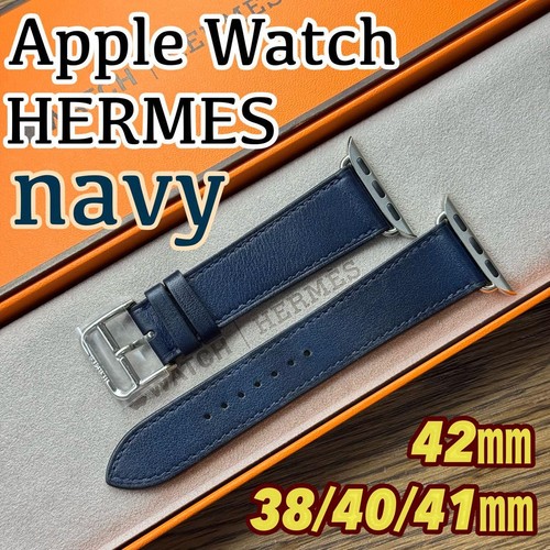 HERMÈS Cinturino Apple Watch Hermes in pelle navy per 41 mm serie 10 con rivestimento in vetro