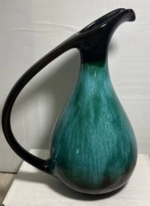 Blue Mountain Pottery Pitcher Vase Handled Green Black Drip Glaze 10" Canada MCM - Picture 1 of 9