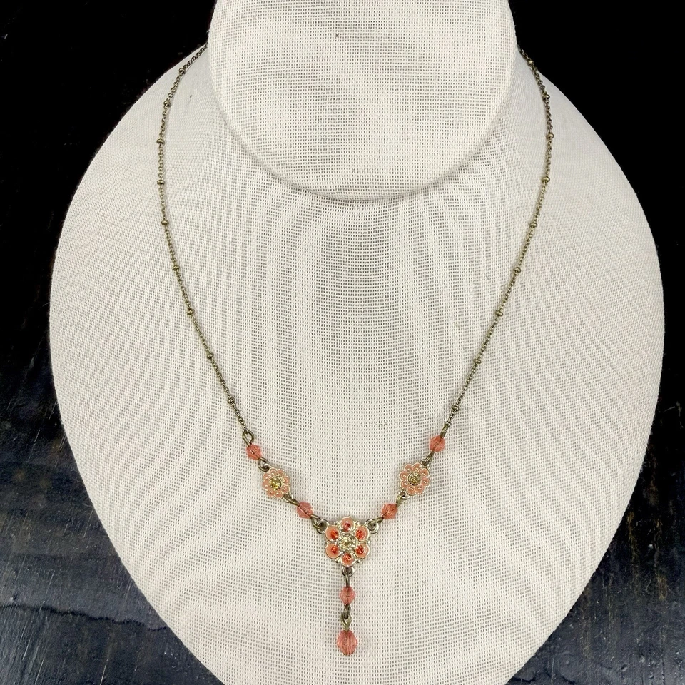 Colar antigo floral delicado com strass laranja e miçangas corrente bronze gota Y - Imagem 1 de 4