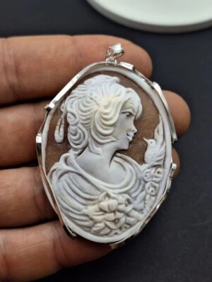 CIONDOLO Con CAMMEO INCISO A MANO ARGENTO 925 PLACCATO ORO BIANCO 18 KT Cameo IT - Immagine 1 di 4