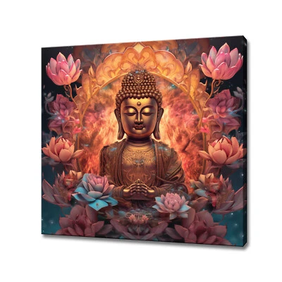 Golden Buddha Statue With Pink Lotus Flowers Buddhist Canvas Print Wall Art - Image 1 of 4