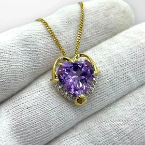 14K Yellow Gold Plated Lab Created 2Ct Amethyst & Diamond Heart Pendant Necklace - Picture 1 of 8