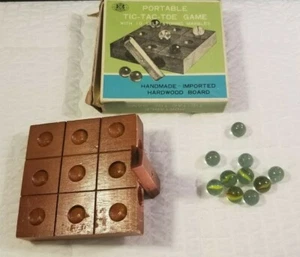 Vintage Tic-Tac-Toe Game Handcrafted Hardwood & 10 Self Storing Colorful Marbles - Picture 1 of 8