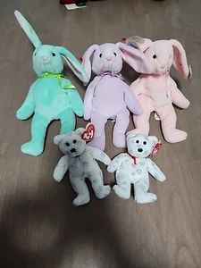 TY Beanie Babys 3er Set nicht mehr produziert 1996 Hippity Hoppity Floppity Hasen + Flaky - Bild 1 von 3