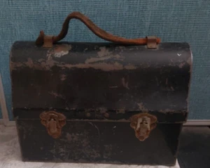 Vintage Black Dome Metal Leather Handle Coal Miners Lunch Box Pail - Picture 1 of 15