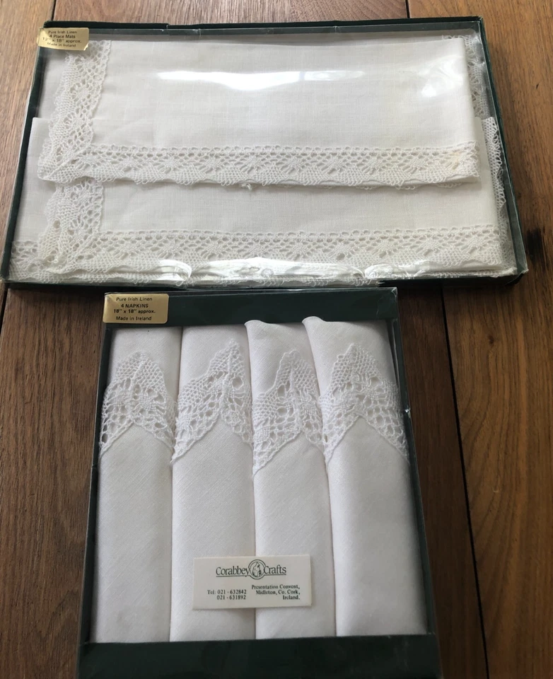 4 White Pure Irish Linen Placemats & Matching Napkins, Lace Trim - Image 1 of 3