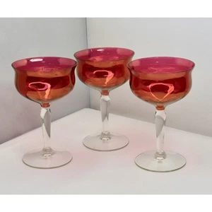 1950s Red Luster Cranberry Optic Wine Glasses West Virginia Glass X-3 - Picture 1 of 6