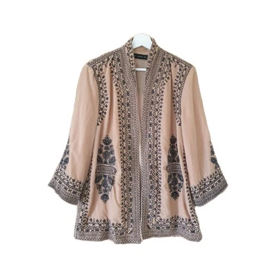 Zara Velvet Embroidered Kimono Jacket peach vanilla Robe Ethnic Boho Hippy s - Image 1 of 4