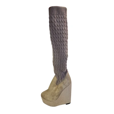 Botas de cuña hasta la rodilla para mujer Calcetín tejido Top Beige Plataforma Zapatos Talla 8,5 / EU 39 Foto 1 de 4