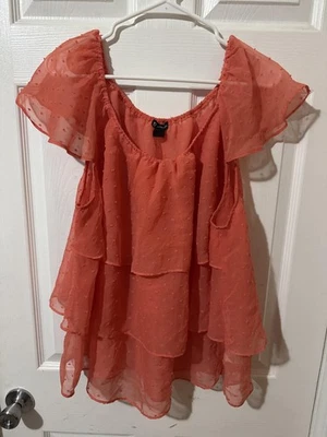 New Directions Shirt Womens XL Coral Tiered Ruffle Swiss Dot Flutter Sleeve - Image 1 of 4