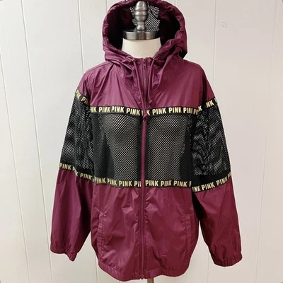 ROSA Victorias Secret Cremallera Completa Anorak Cortavientos con Capucha Grande/XL Borgoña LOGO Foto 1 de 4