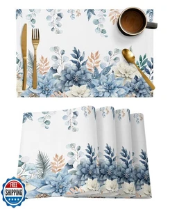 Blue Christmas Poinsettia Placemats Set of 4, Winter Eucalyptus Leaves Heat R - Picture 1 of 5