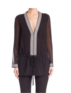 Tory Burch Tunika Top Seide transparent tiefer V-Ausschnitt Stickerei schwarz - Bild 1 von 9