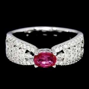 GENUINE AAA PINK RED RUBY OVAL & WHITE CZ STERLING 925 SILVER RING SIZE 7.5 - Picture 1 of 6