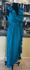 Vintage 70's Joy Stevens Taffeta Teal Ruffle Sleeveless Maxi Dress Gown Small S - Picture 1 of 8