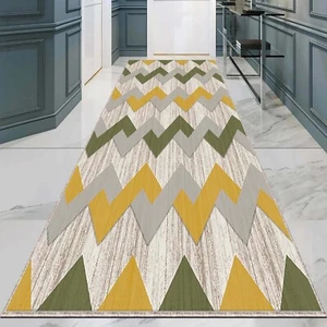 Modern Hallway Runner Rug, Geometric Chevron Carpet, Green Yellow Beige Runner - Picture 1 of 12