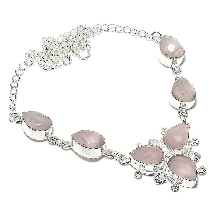 Collar de joyería hecho a mano de plata de ley 925 con piedras preciosas de cuarzo rosa talla 18" Foto 1 de 1