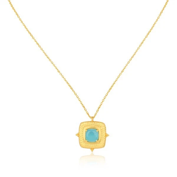 Colgante Cojín Martillado Oro Amarillo Con Cadena Aqua Calcedonia Moda Joyería Foto 1 de 1