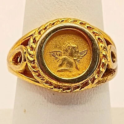 Anillo querubín chapado en oro vintage para mujer 8 sello moneda ángel cuerda cruz declaración Foto 1 de 4