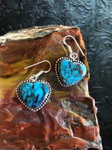 Blue Turquoise Heart Earrings 1.5" Droplet Bezel Artisan Southwest - Picture 1 of 3