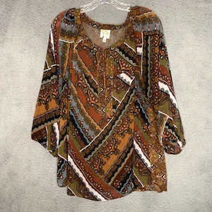 Fig And Flower Blouse Womens 2X Brown Geometric Sheer Tunic Top Boho Long Sleeve - Picture 1 of 9