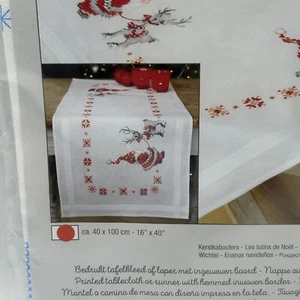 Vervaco Christmas Elves Table Runner DIY Embroidery Kit 16”x40" Hemmed Border - Picture 1 of 10