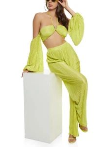 Women 2pc Lime Plisse Rhinestones Puff Sleeves Top/wide Leg Pant Set. Size Large - Picture 1 of 4