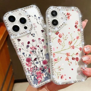 For iPhone 16 Pro Max 16e 15 14 13 12 11 Diamond Flower Clear Phone Case Cover - Picture 1 of 19