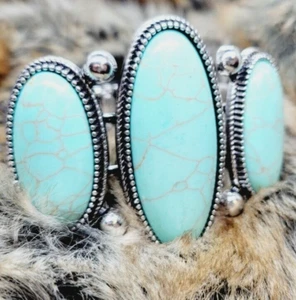 Turquoise Colored Dyed Stone WIDE Statement Hinged Bangle Bracelet Silver Tone  - Picture 1 of 6