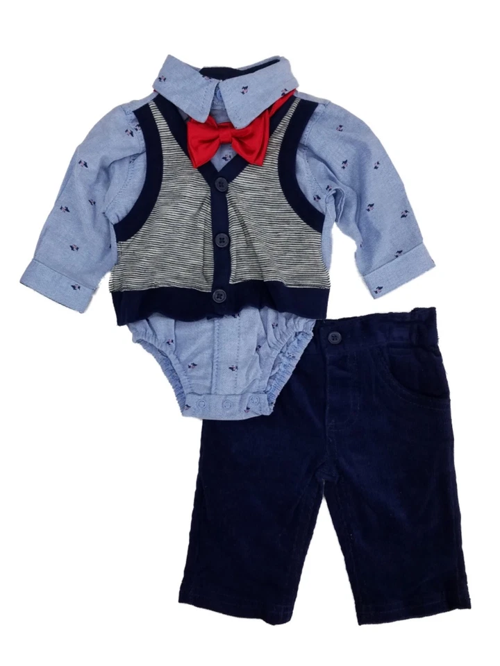 Комплект из 2 полосатых жилетов боди с галстуком-бабочкой и вельветовыми брюками для мальчиков-младенцев - Изображение 1 из 1