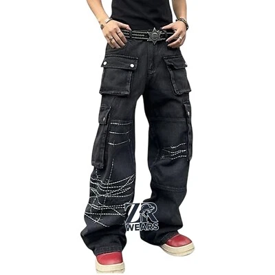 Pantalones de mezclilla cargo negros de pierna ancha Y2K Streetwear para hombre holgados con detalle de puntada Foto 1 de 4
