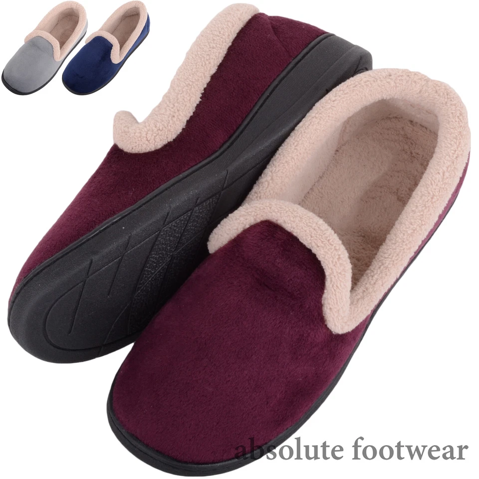 ABSOLUTE FOOTWEAR Ladies Womens Slip On Soft Velour Slipper Towelling Lining Memory Foam Insole