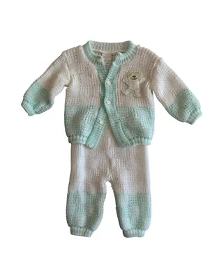 Vintage New 2 Piece Newborn Sweater Set Mon Petit Green White Teddy Pants Knit - Image 1 of 4