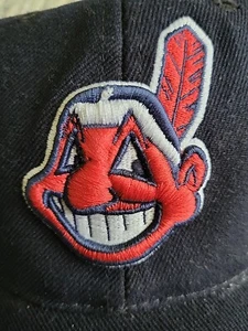 Vintage Cleveland Indians Hat Cap Strap Back Blue WOOL BLEND MLB Chief Wahoo 90s - Picture 1 of 7