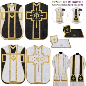 White and Black Reversible Travel Fiddleback Vestment IHS with 5pc mass set - Imagen 1 de 1