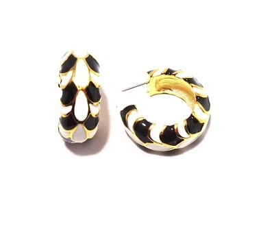 KENNETH JAY LANE, BLACK/WHITE  ENAMEL GOLD PIERCED HOOP EARRING, ALSO AVAILAB... - Image 1 of 4