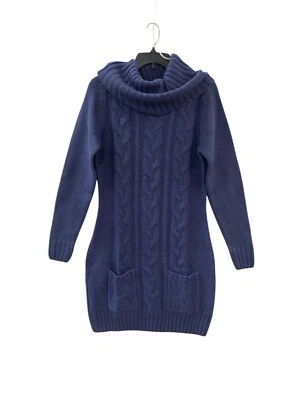 VENUS Sweater Dress Woman's M Blue Cowl Neck Cable Knit Pockets Mini Long Sleeve - Image 1 of 4