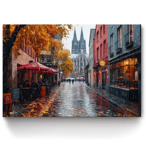 Leinwand Bild Köln im Herbst Cafe Straßenszene Gemälde Wandbilder XXL 6591A - Bild 1 von 11