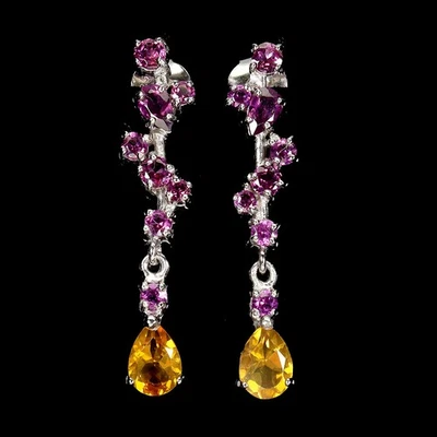 925 Sterling Silver Earrings Pear Citrine 7x5mm Rhodolite Gemstone Jewelry - Image 1 of 4
