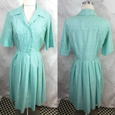 Antiguo Vestido de Día Verde Blanco Años 30 Talla S Cuello a Cuadros Cable Niñas Años 30 Unión EE. UU. Foto 1 de 4