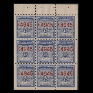 16T107 TELEGRAPH 25c Ultramarine WESTERN UNION Full Pane MNH SEE PHOTOS BK-851 - Picture 1 of 1