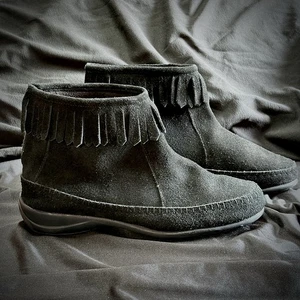 Schwarze Leder Fransen Booties Knöchel Mokassin 10 M Komfort Leichter Reißverschluss Stiefel Damen - Bild 1 von 10
