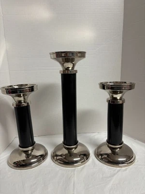 Pottery Barn Black Caleb & Chrome Pillar Candle Holders Set of 3 - Изображение 1 из 4